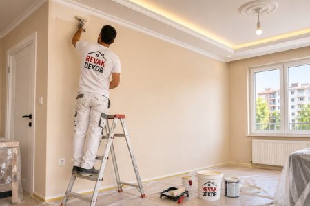 Güngören Boyacı Seçerken Dikkat Edilmesi Gerekenler 5 Güngören boya ustası krem renkli odada merdiven üzerinde duvar kesimi yapıyor.